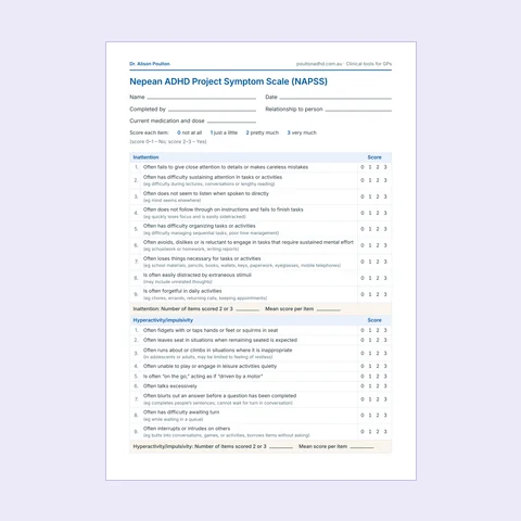 First page of the Nepean ADHD Project Symptom Scale PDF