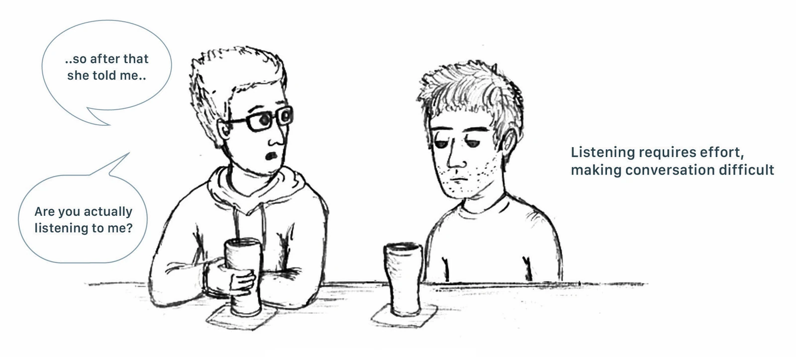 Two young men in conversation: one talks ("..so after that she told me..") while the other looks away — listening requires effort, making conversation difficult.