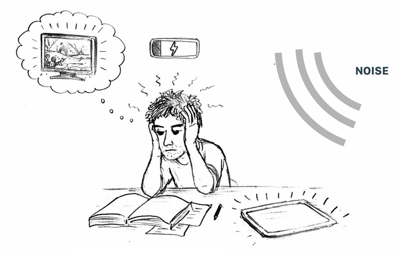 A student slumped over a book with a battery symbol and a thought bubble of television, with "NOISE" beside him — as the reserves of brain power are used up, negative distractions like irrelevant thoughts and background noise become more intrusive.