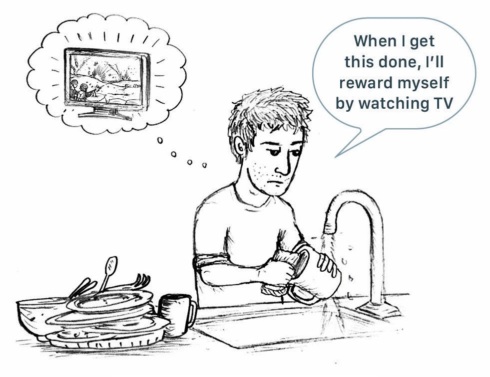 A man washing dishes imagines a television and thinks "When I get this done, I’ll reward myself by watching TV".