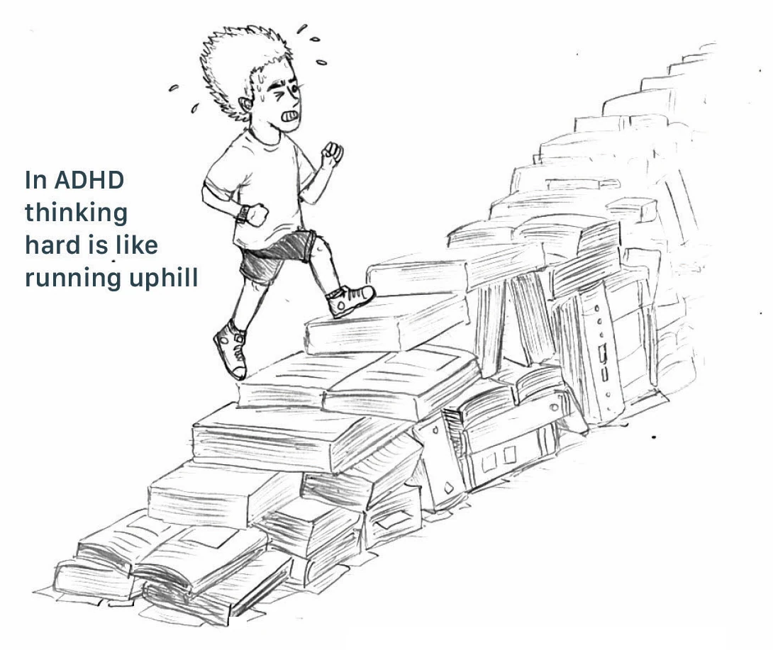 A boy runs up a hill of books — in ADHD, thinking hard is like running uphill.