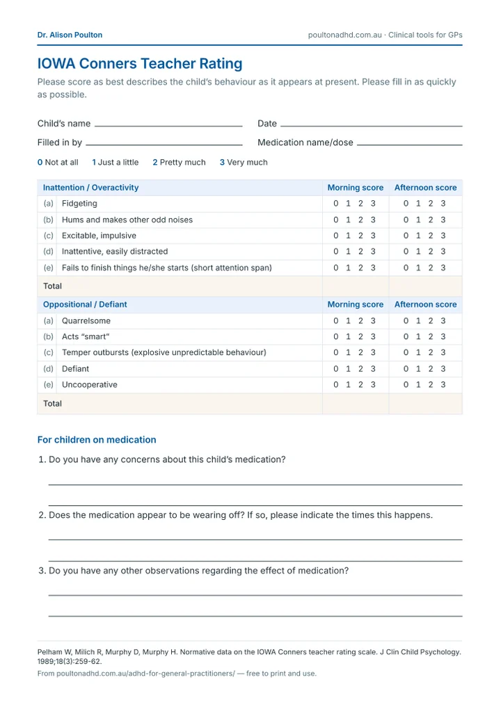 First page of the IOWA Conners Teacher Rating PDF