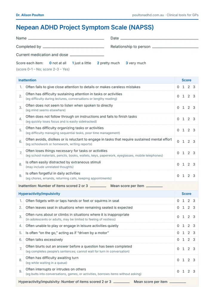 First page of the Nepean ADHD Project Symptom Scale PDF