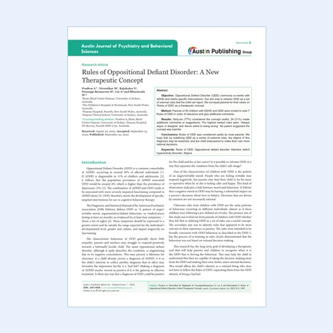 First page of the Rules of ODD paper, as published by the Austin Journal of Psychiatry and Behavioral Sciences