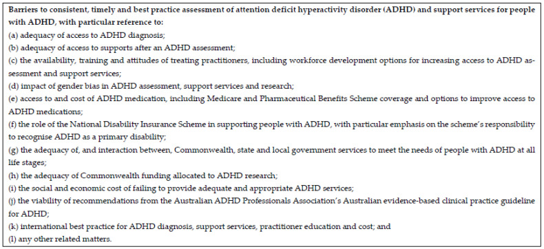 Senate Inquiry Terms of Reference for public submissions [13]. https://www.aph.gov.au/Parliamentary_Business/Committees/Senate/Community_Affairs/ADHD/Terms_of_Reference, accessed on 24 November 2025.